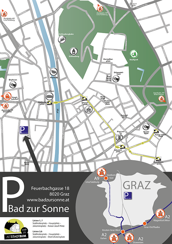 Lageplan: Bad zur Sonne, Feuerbachgasse 18, 8020 Graz, mit Fußweg zum Hauptplatz